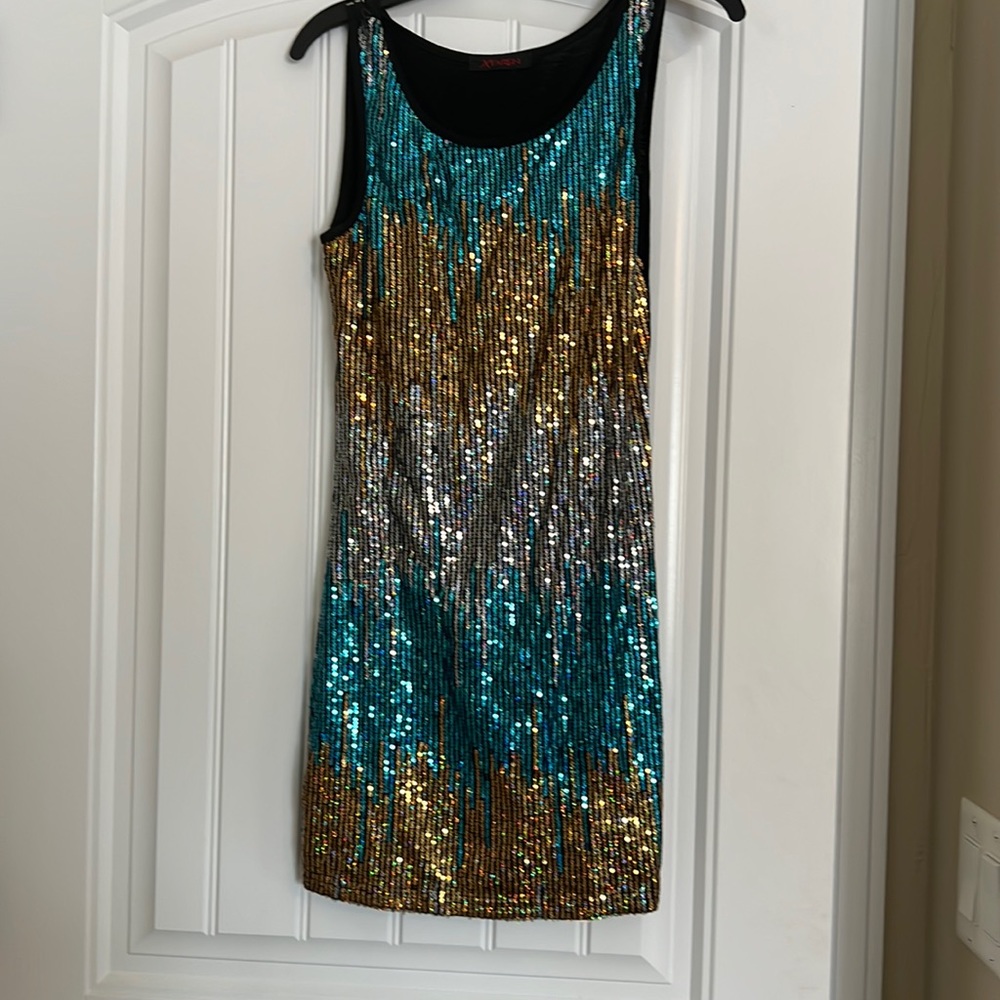 blue, gold and silver sequined dress, tight and short